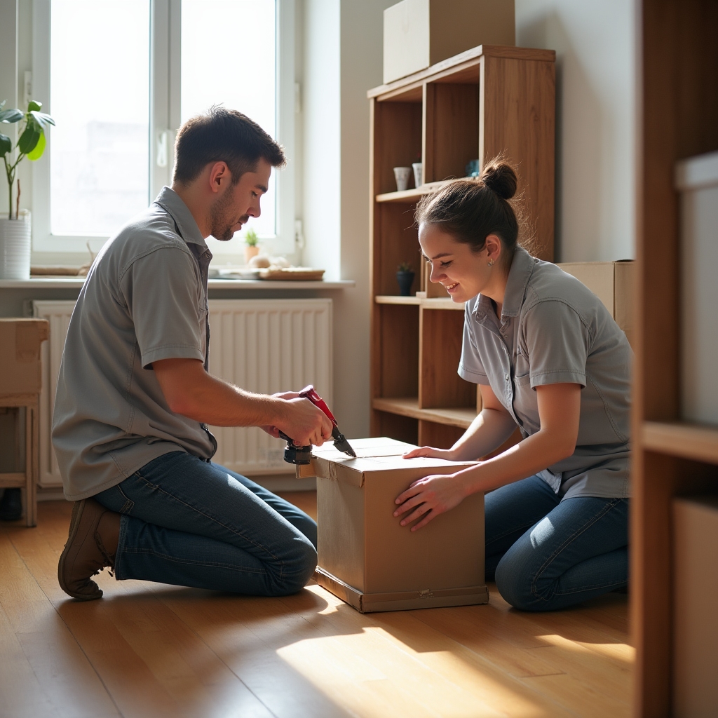 Two delivery technicians assembling a shelving unit inside a client's apartment