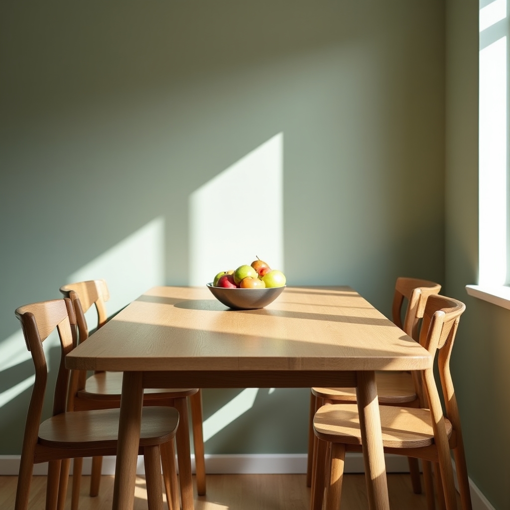 Oak dining table with four slim chairs set in a bright compact dining nook