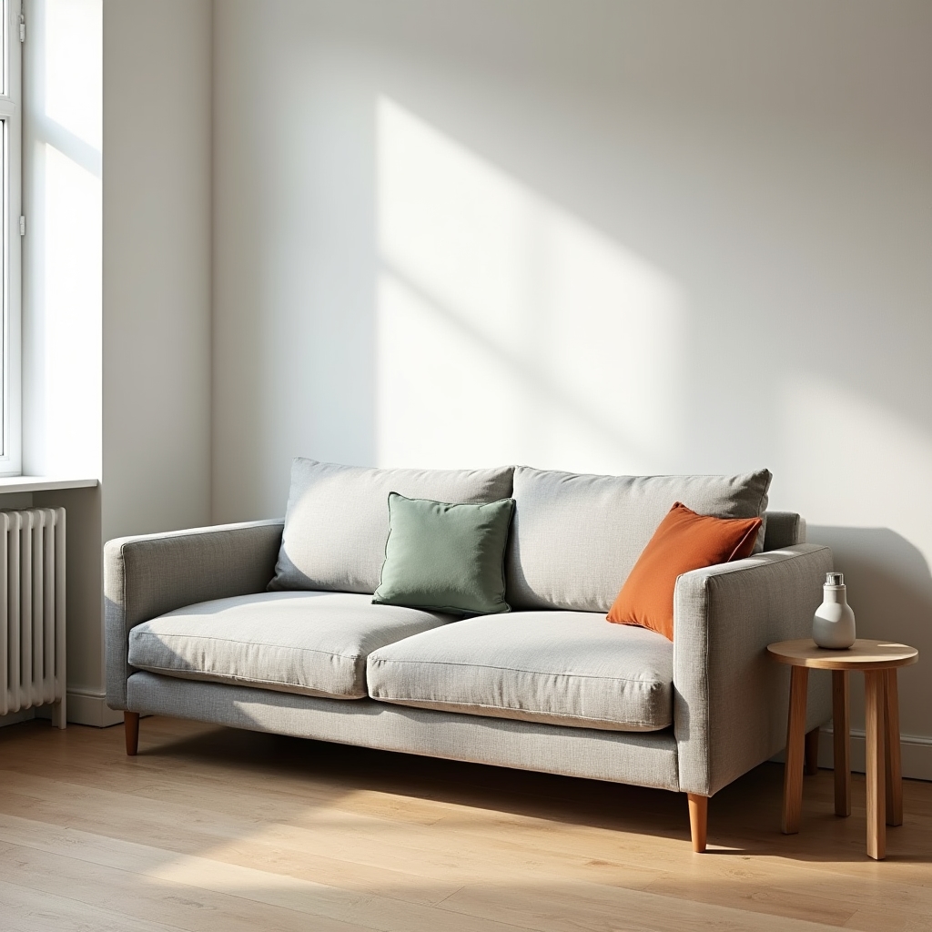 Compact modular sofa in a small Scandinavian-style living room with warm natural light