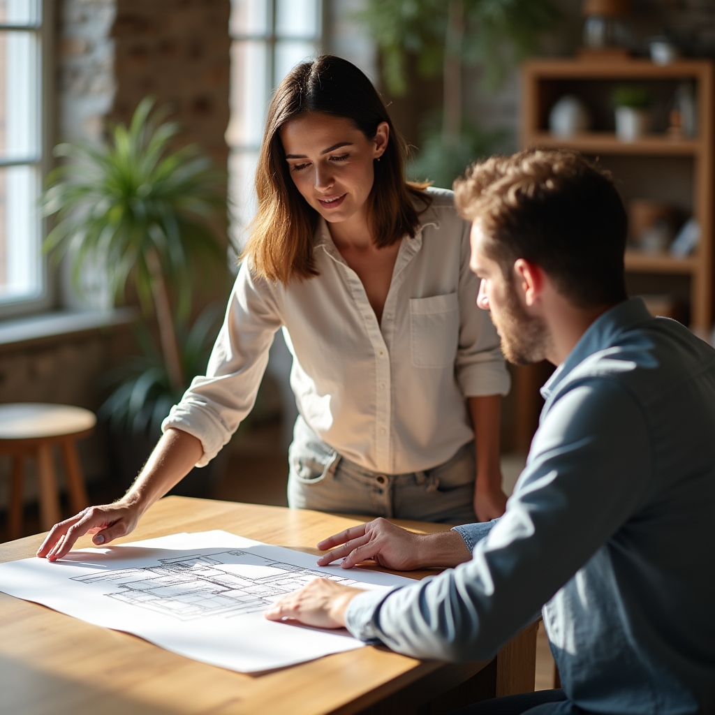 Interior advisor discussing a floor plan with a customer at a showroom table
